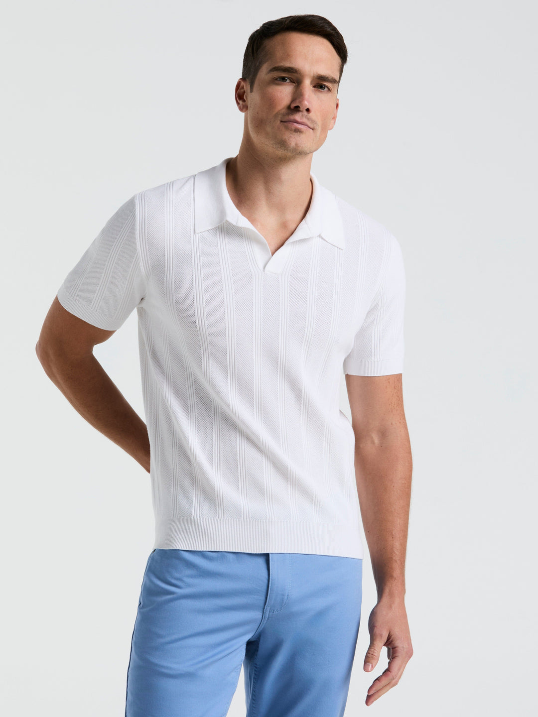 Short Sleeve Mesh Stripe Polo Sweater (Bright White) 
