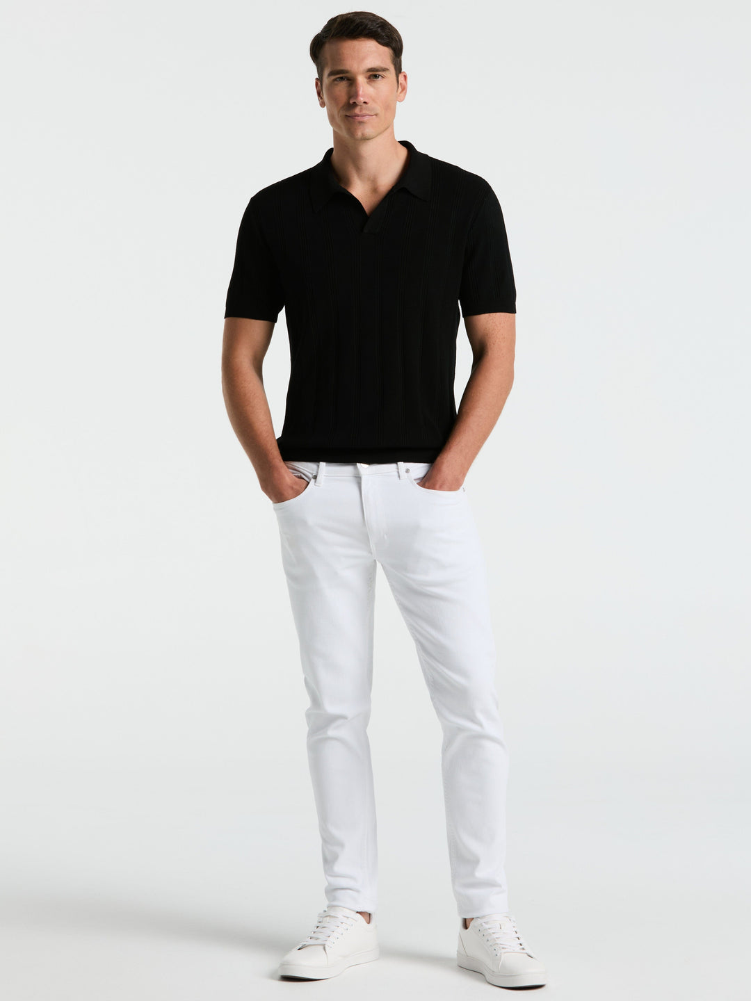 Short Sleeve Mesh Stripe Polo Sweater (Black) 