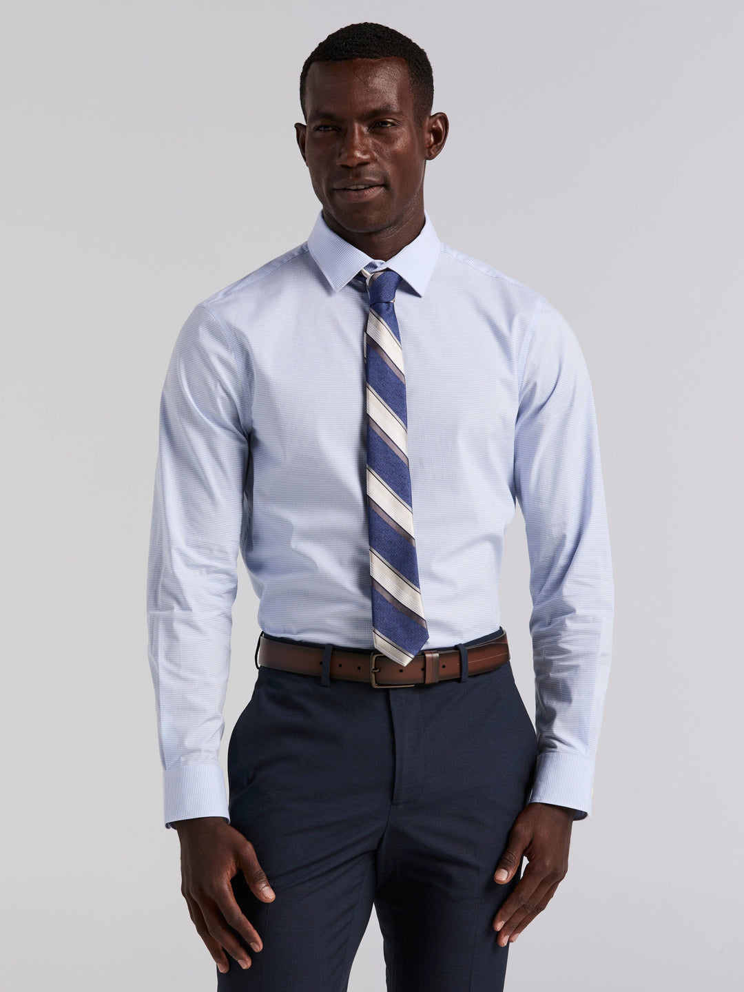 blue and white striped dress shirt and tie Brabion Berton Men's Slim Fit Blue Pinstripe Dress Shirt main image 0
