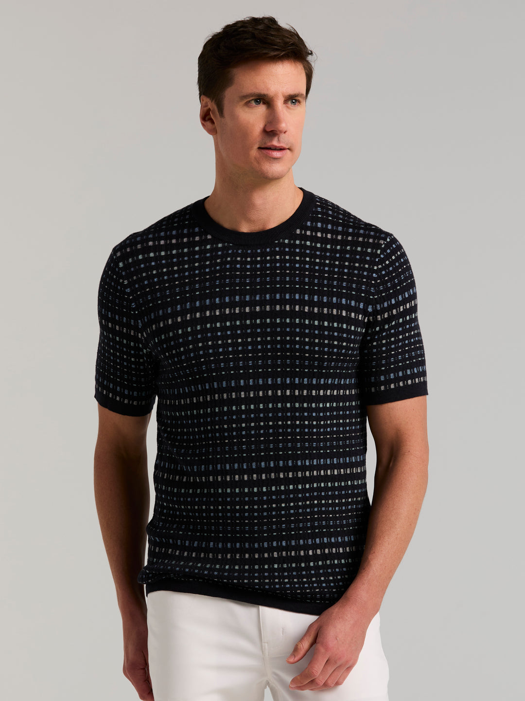 Multi Color Geometric Print Crew Sweater (Dark Sapphire) 