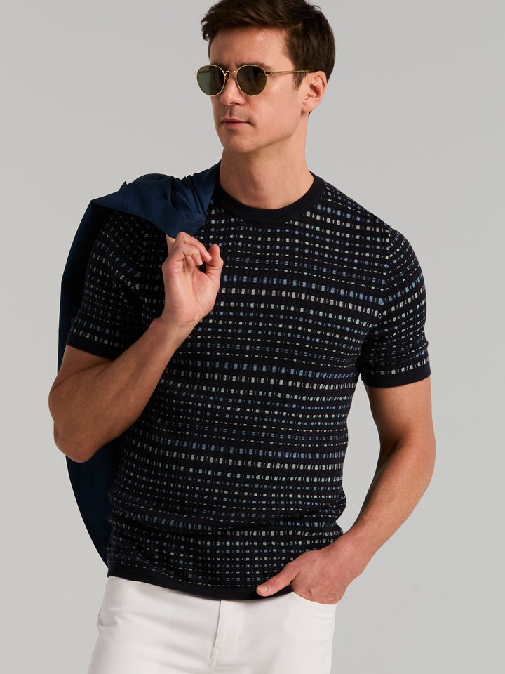 Multi Color Geometric Print Crew Sweater (Dark Sapphire) 
