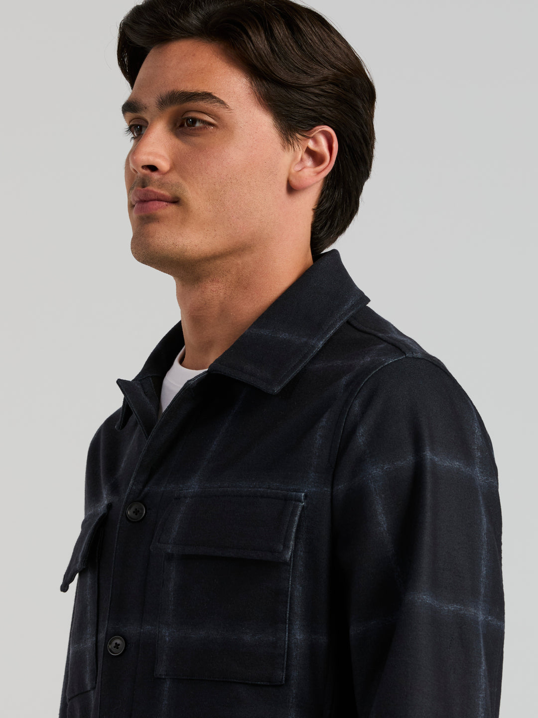 Ombre Plaid Print Knit Shirt Jacket (Dark Sapphire) 