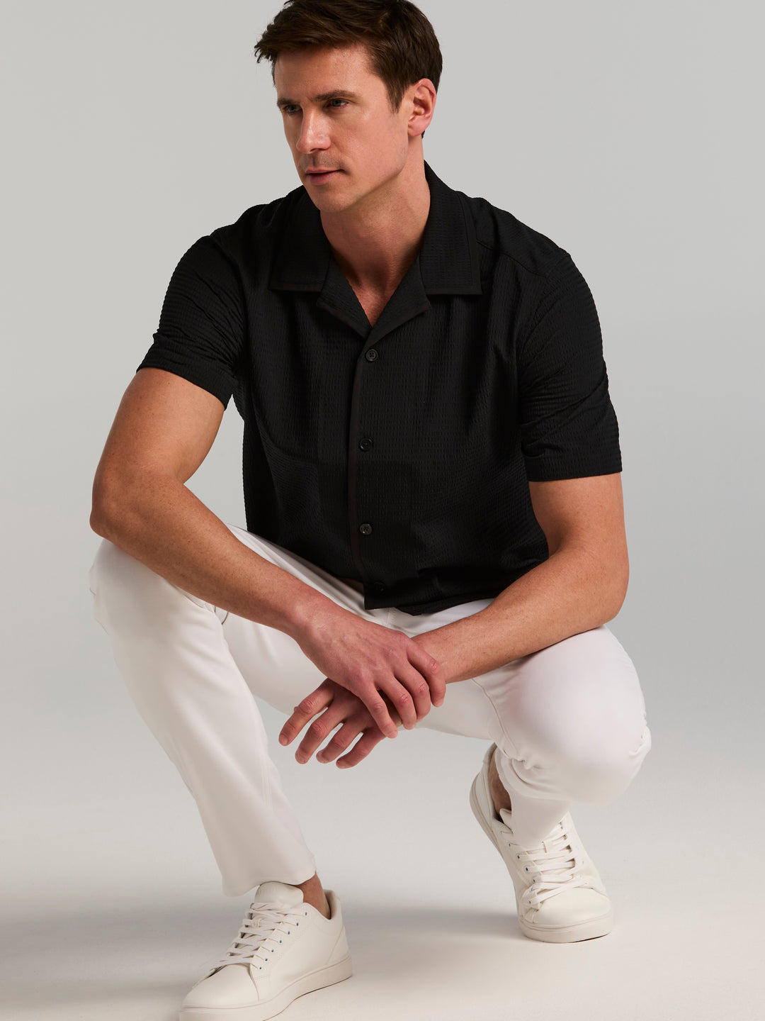 Men's Short Sleeve Performance Camp Collar Shirt (Black) 