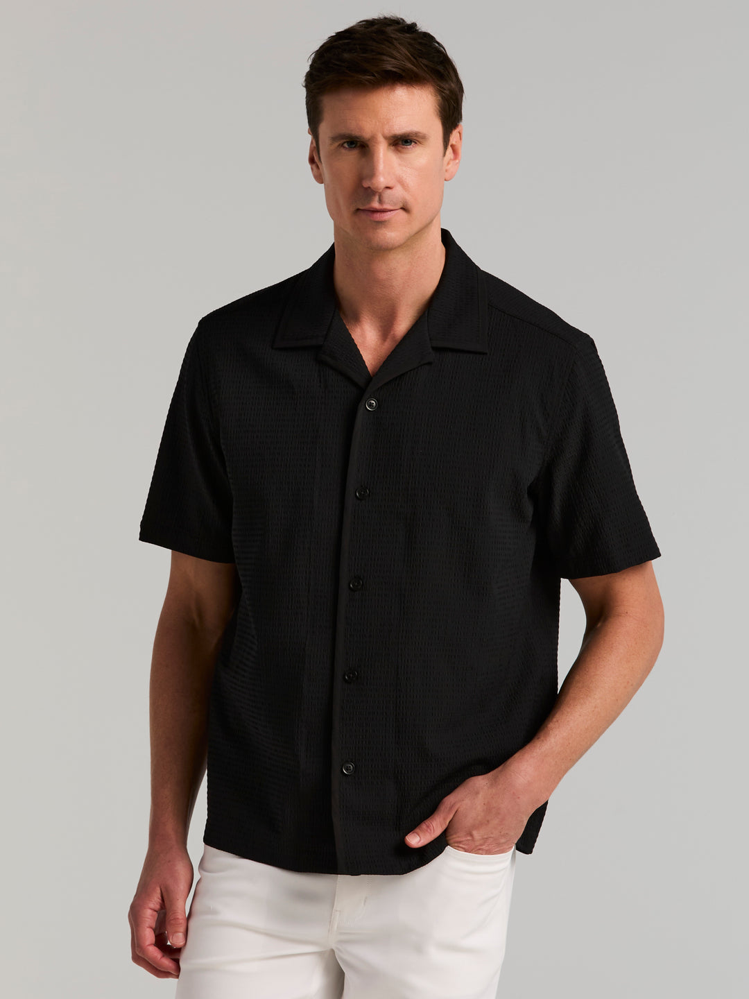 Men's Short Sleeve Performance Camp Collar Shirt (Black) 