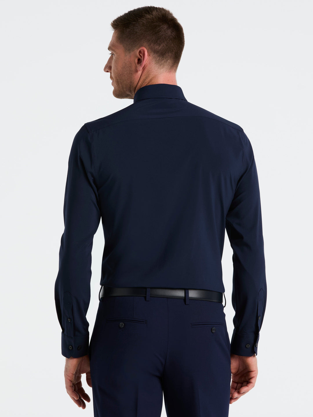 Perry Ellis Outlet Men's Performance Tech Solid Dress Shirt in True Navy/blue, Size 16.5, Polyester/Spandex, Slim Long Sleeves