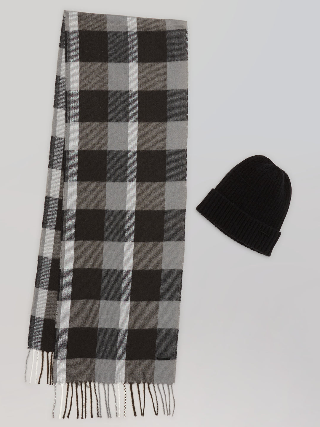 Plaid Beanie and Scarf Set (Caviar) 
