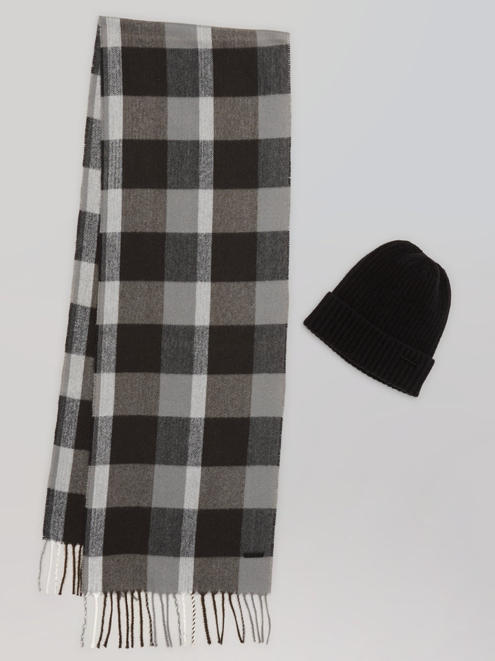 Plaid Beanie and Scarf Set (Caviar) 