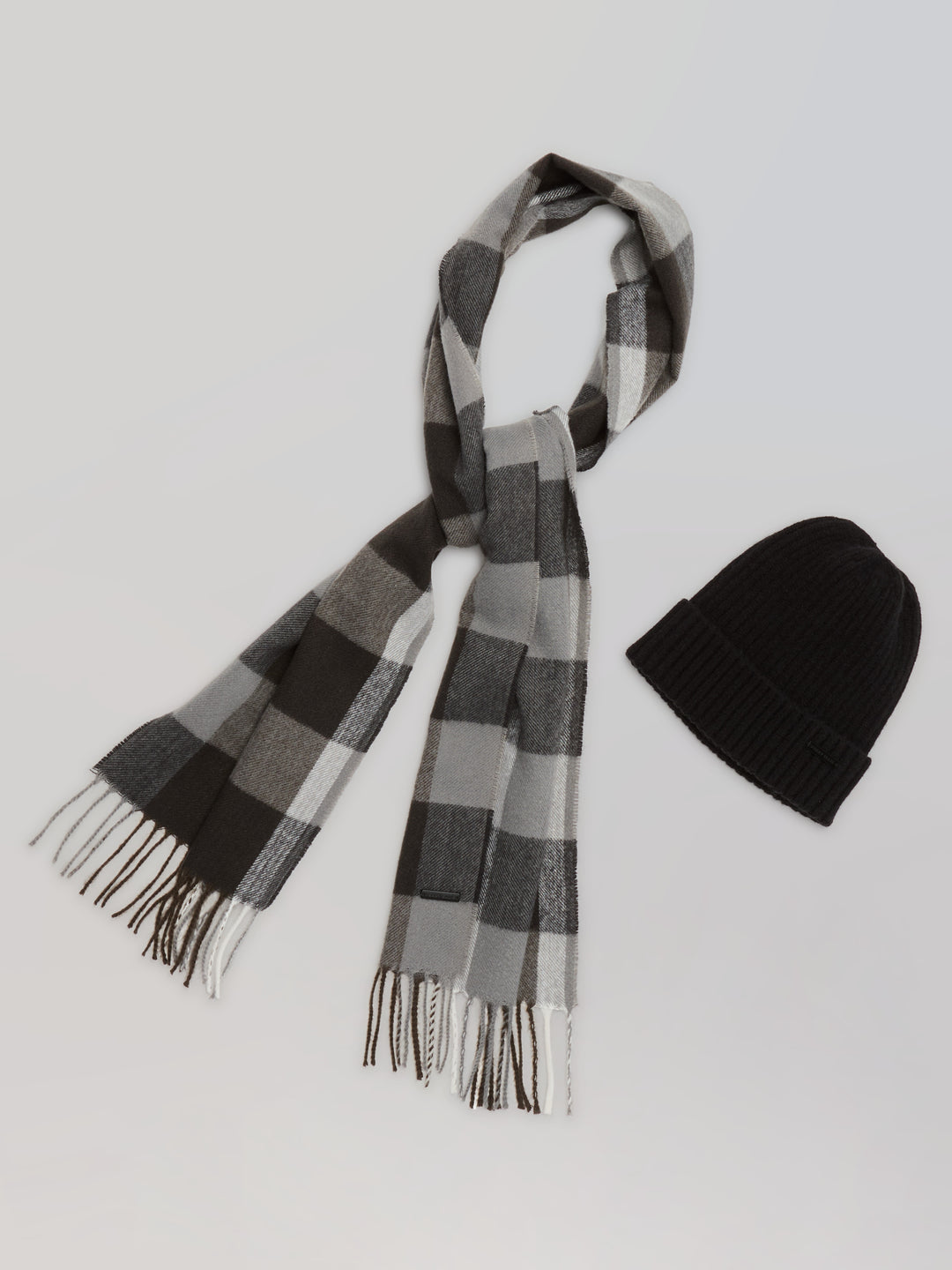 Plaid Beanie and Scarf Set (Caviar) 