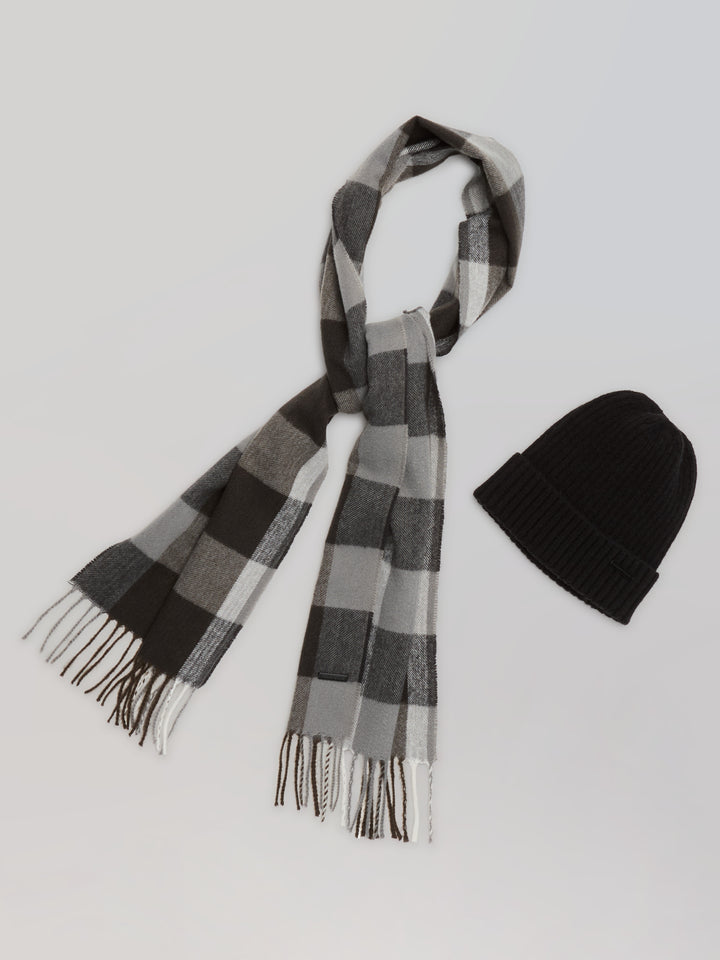 Plaid Beanie and Scarf Set (Caviar) 