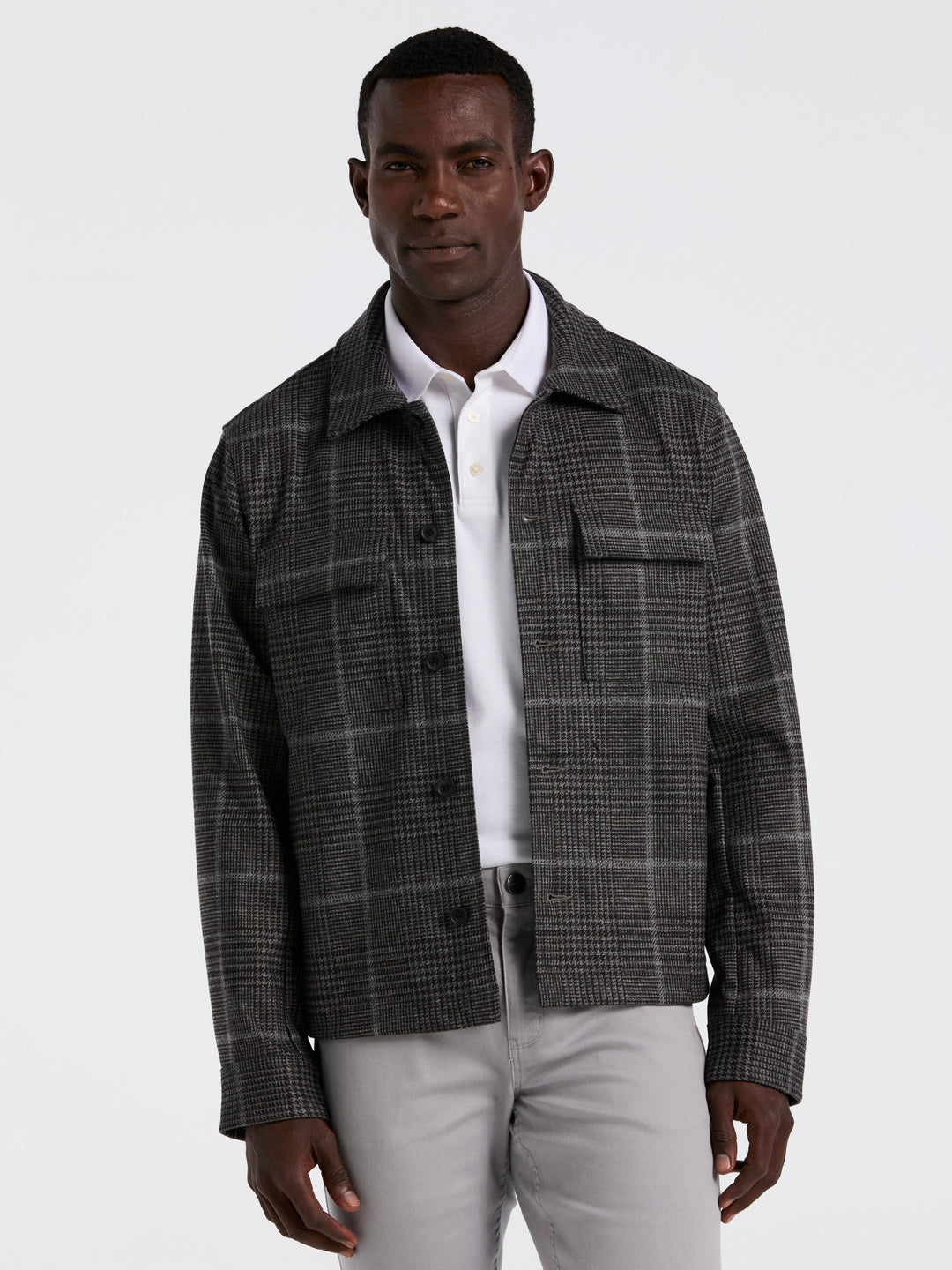 Bold Power Plaid Print Knit Short Jacket (Charcoal) 