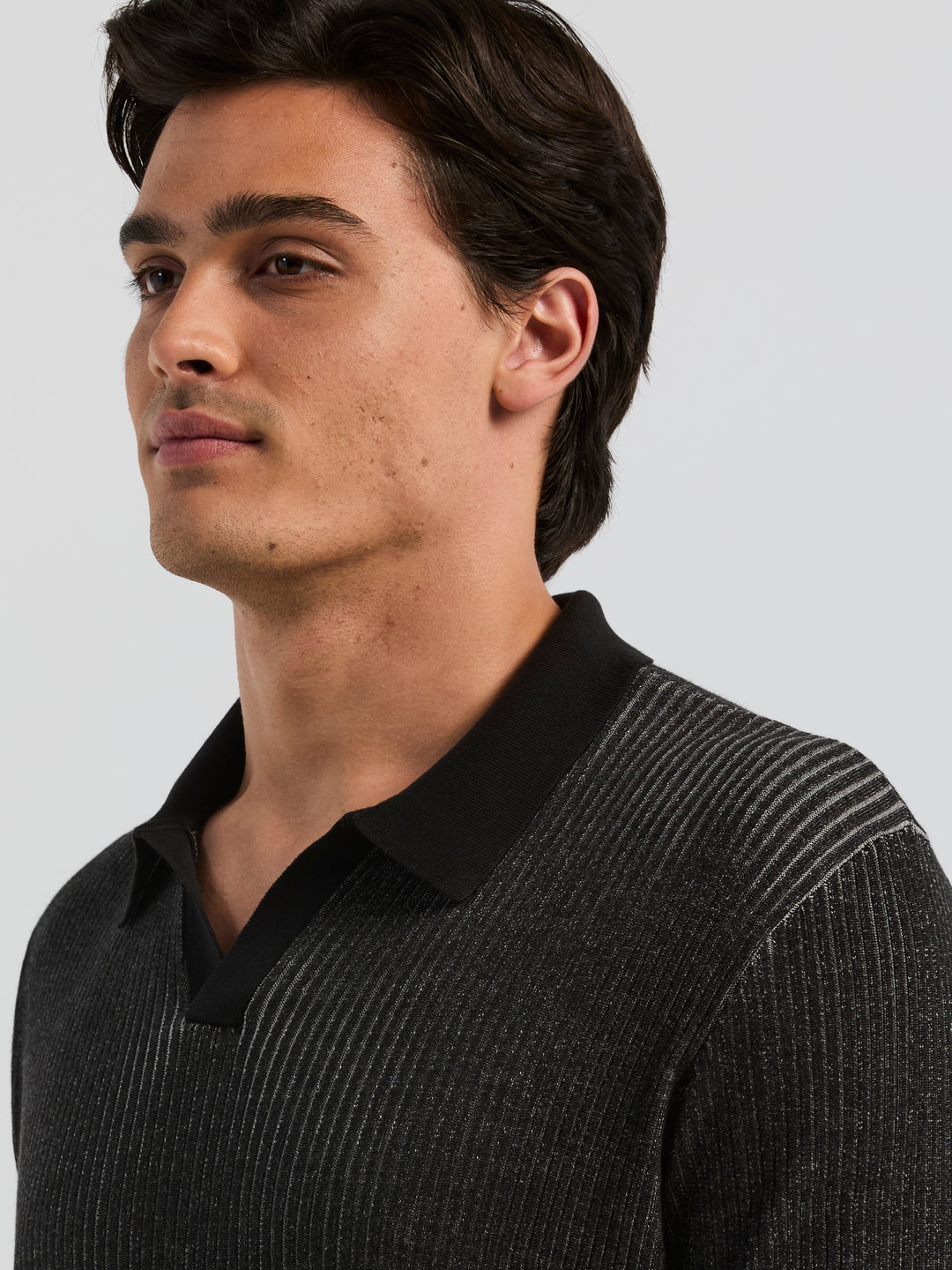 Short Sleeve Cotton Modal Plaited Rib Open Polo Sweater (Black) 