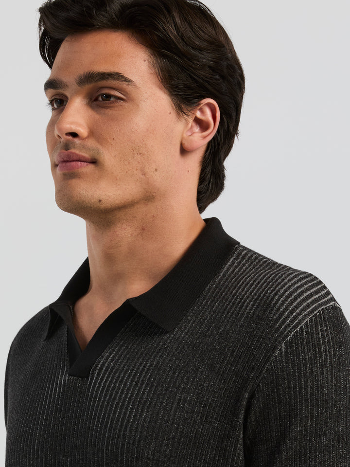 Short Sleeve Cotton Modal Plaited Rib Open Polo Sweater (Black) 