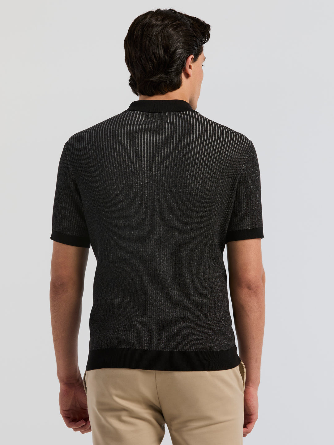 Short Sleeve Cotton Modal Plaited Rib Open Polo Sweater (Black) 