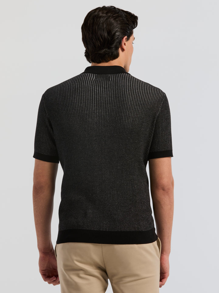 Short Sleeve Cotton Modal Plaited Rib Open Polo Sweater (Black) 
