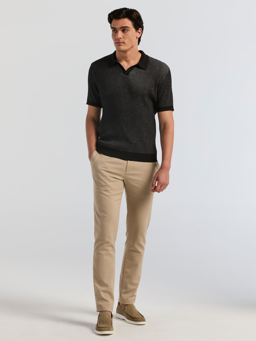 Short Sleeve Cotton Modal Plaited Rib Open Polo Sweater (Black) 