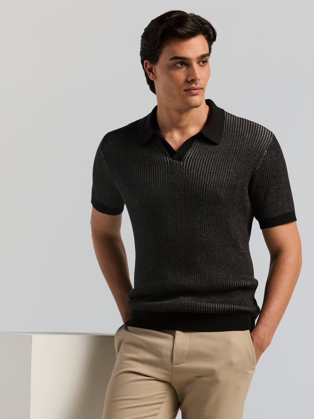 Short Sleeve Cotton Modal Plaited Rib Open Polo Sweater (Black) 
