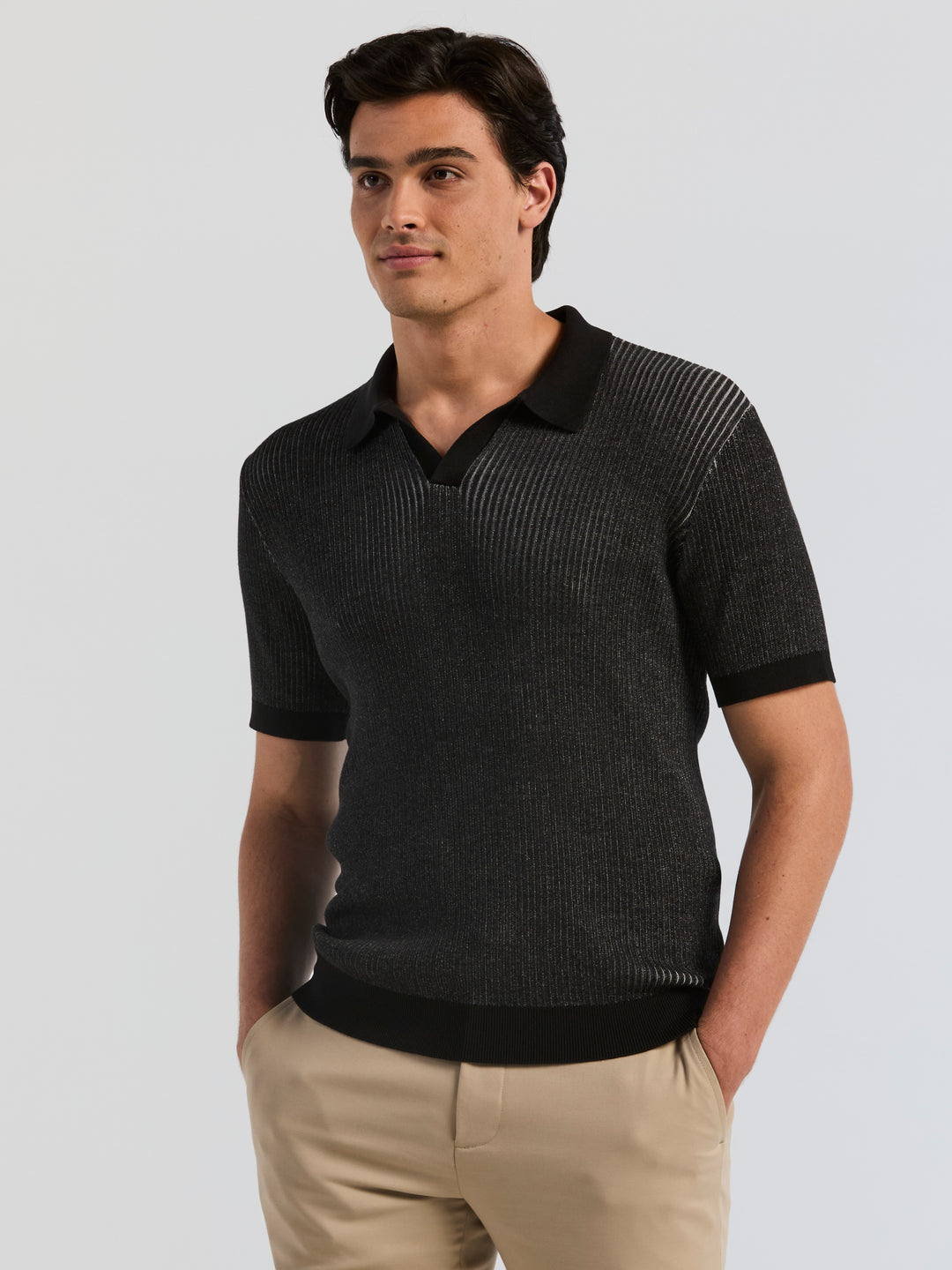 Short Sleeve Cotton Modal Plaited Rib Open Polo Sweater (Black) 