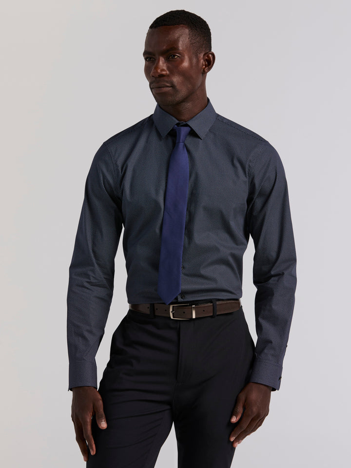 Polka Dot Print Long Sleeve Slim Fit Shirt (Dark Sapphire) 