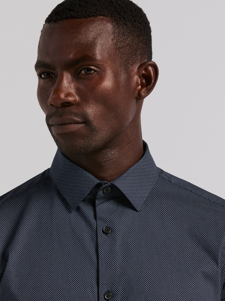 Polka Dot Print Long Sleeve Slim Fit Shirt (Dark Sapphire) 