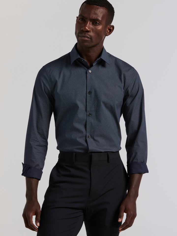 Polka Dot Print Long Sleeve Slim Fit Shirt (Dark Sapphire) 