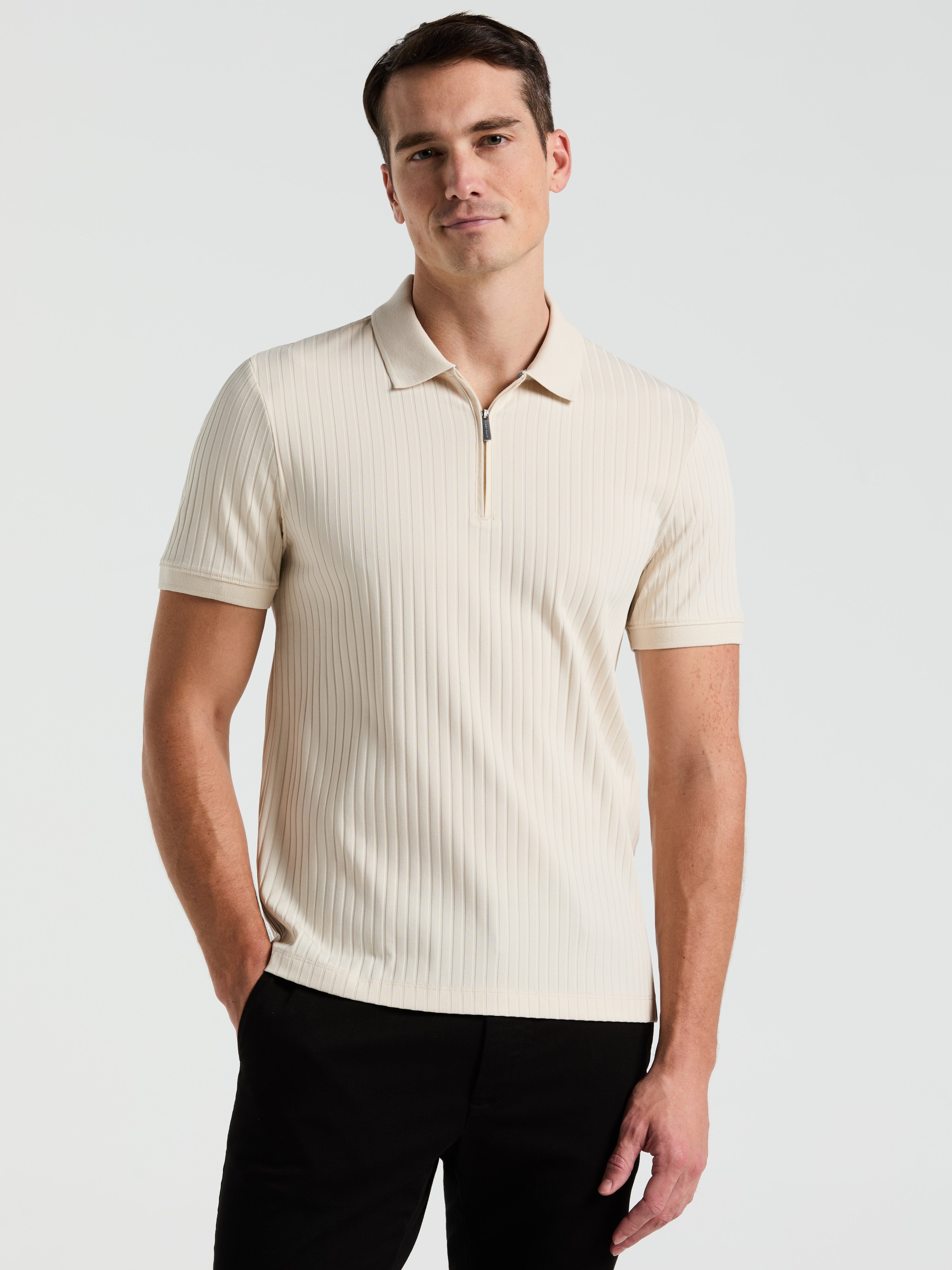 Perry Ellis Men's Quarter Zip Ribbed Polo Shirt