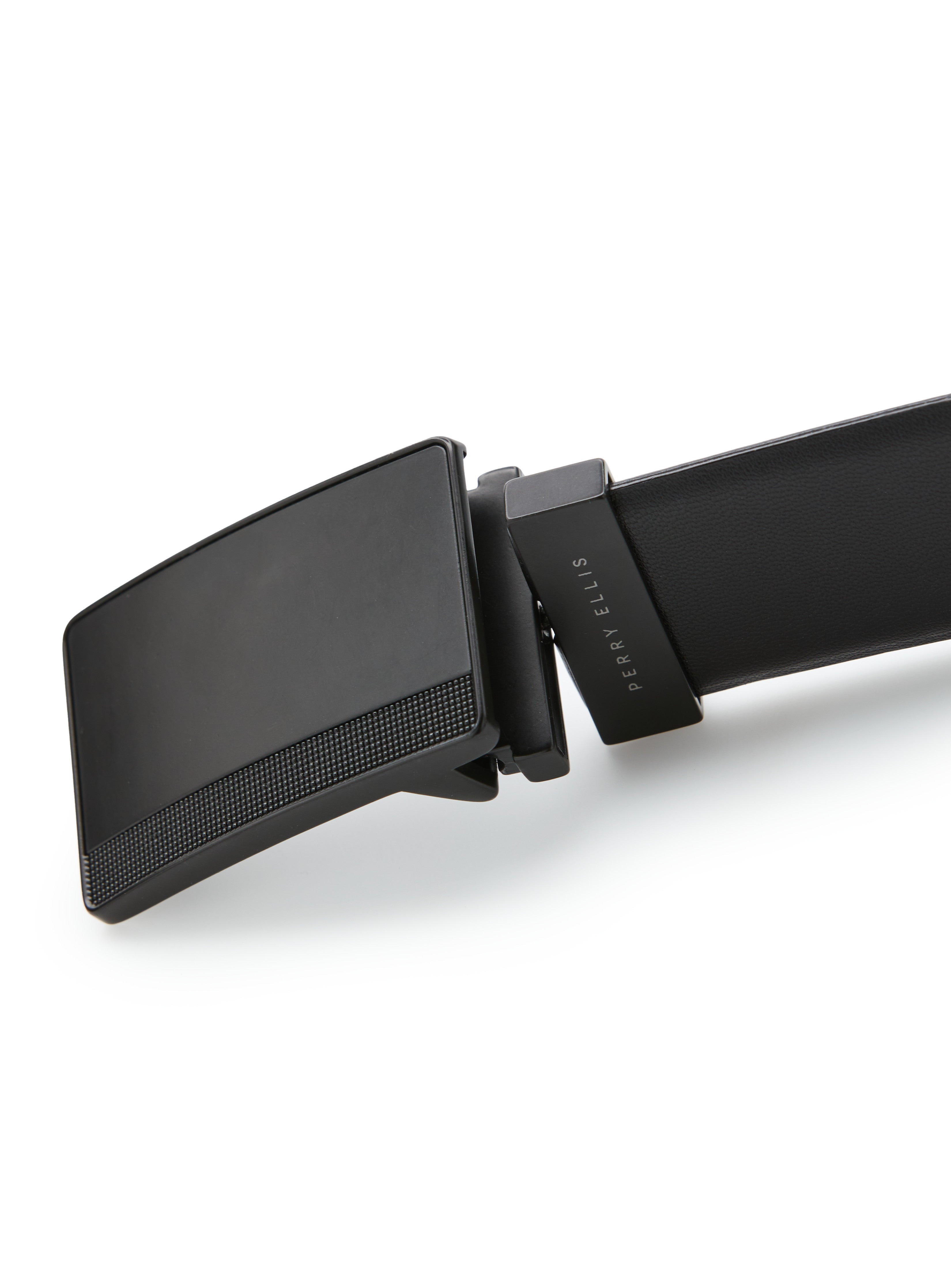 ペリーエリス　ブラック　ベルト Reversible Leather Belt with Black Pattern Plaque – Perry Ellis