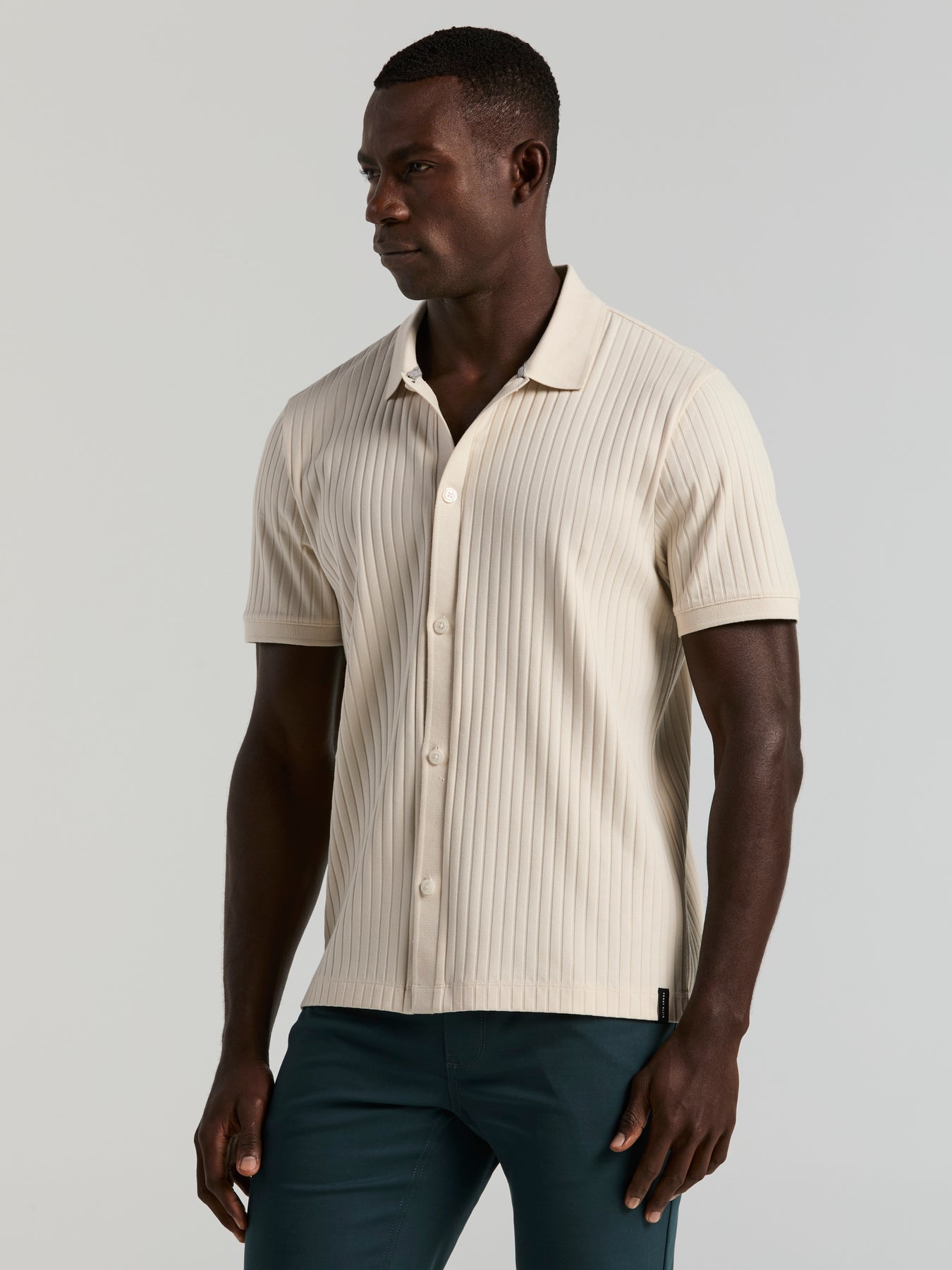 Perry Ellis Men's Ribbed Button Front Sweater Polo Shirt in Birch/beige, Size Medium, Cotton/Polyester, Regular Short Sleeves