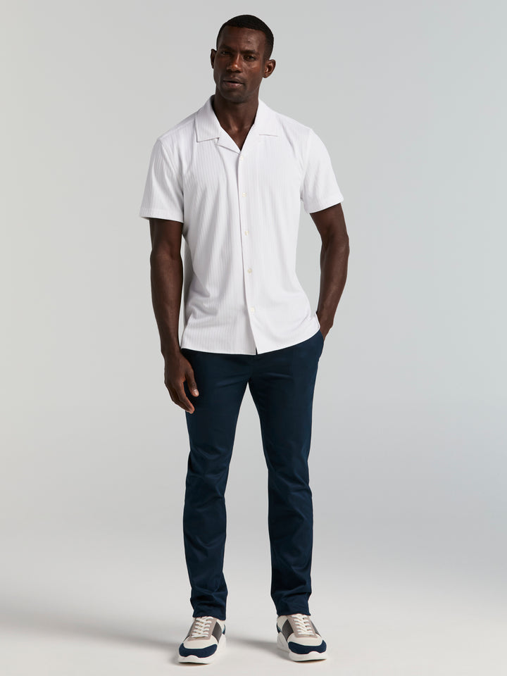 Dobby Camp Collar Texture Stripe Knit Shirt (Bright White) 