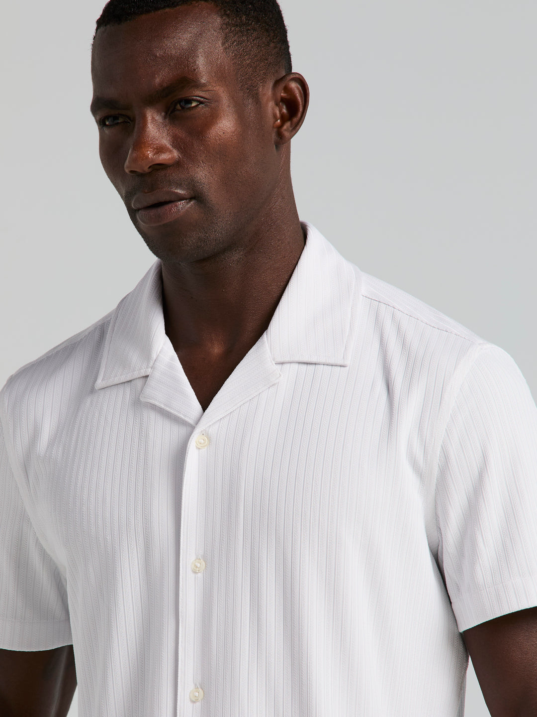 Dobby Camp Collar Texture Stripe Knit Shirt (Bright White) 