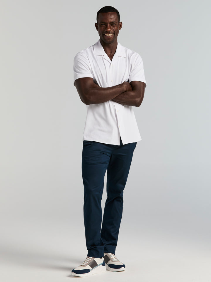 Dobby Camp Collar Texture Stripe Knit Shirt (Bright White) 