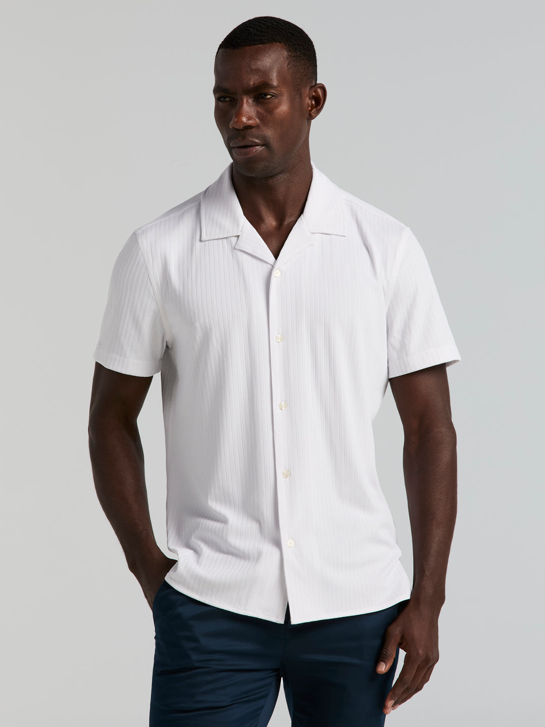 Dobby Camp Collar Texture Stripe Knit Shirt (Bright White) 