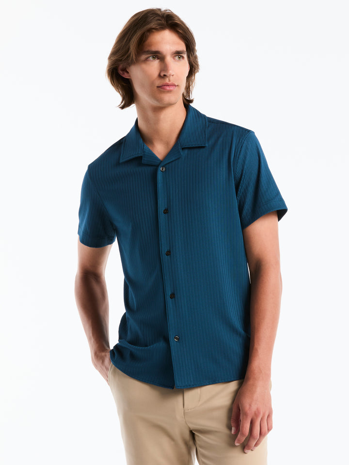 Dobby Camp Collar Texture Stripe Knit Shirt (Sailor Blue) 