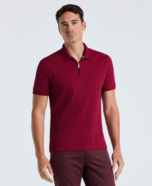 Perry Ellis Men's Red Ribbed Quarter Zip Polo