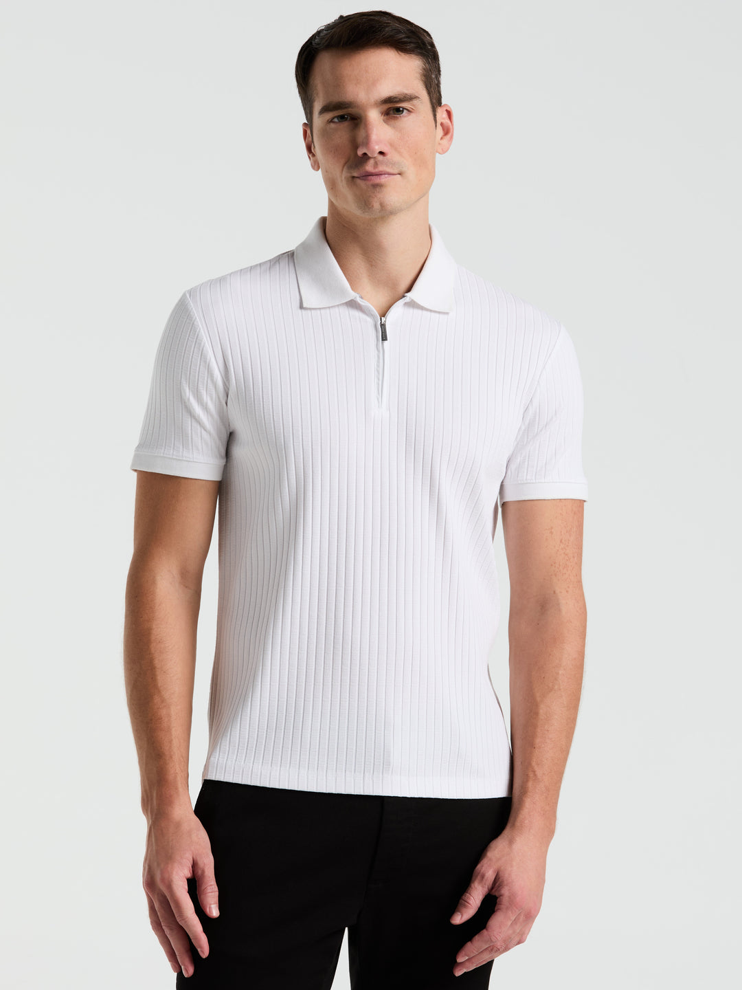 Perry Ellis Men's Quarter Zip Ribbed Polo - White Perry Ellis Men's Quarter Zip Ribbed Polo - White