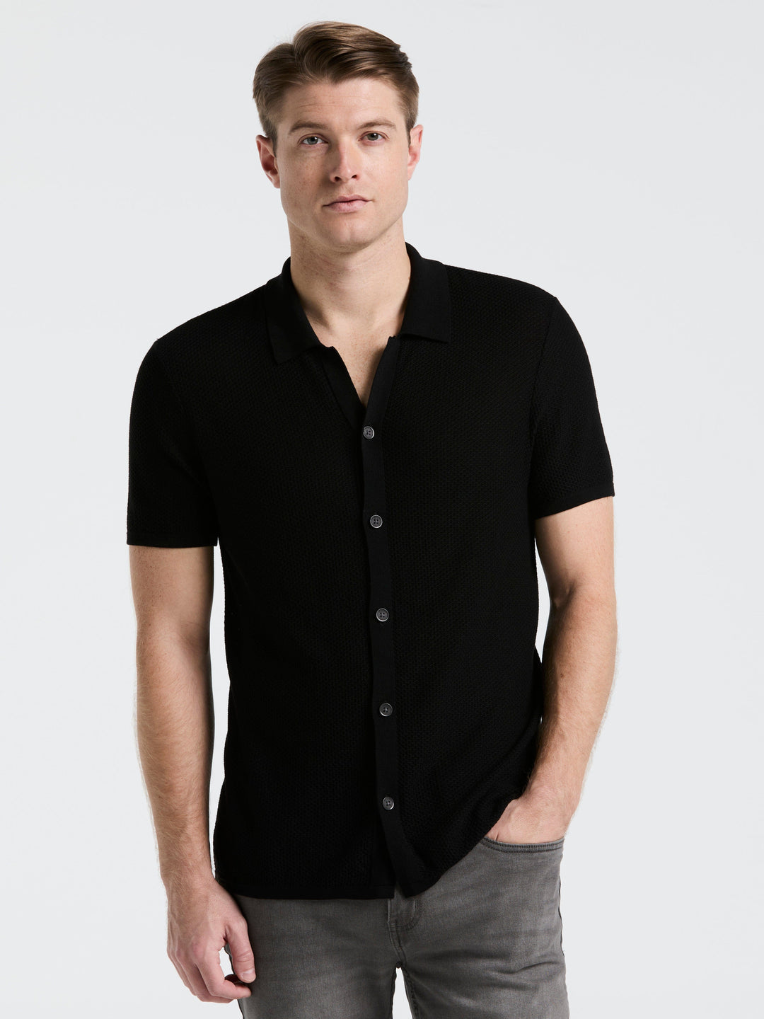 black dress sweater mens Short Sleeve Button Front Sweater – Perry Ellis