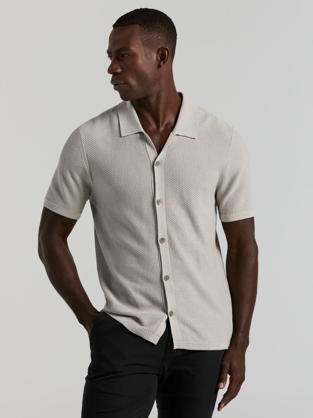 Mesh Button Front Polo Sweater (Quiet Gray) 