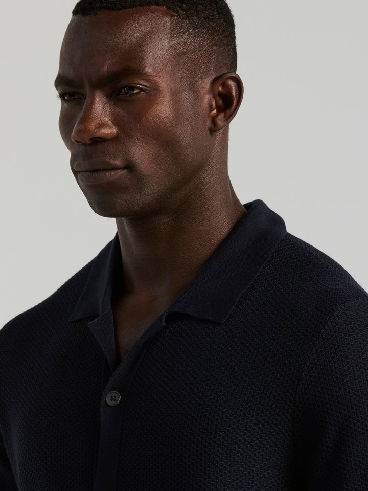 Mesh Button Front Polo Sweater (Dark Sapphire) 