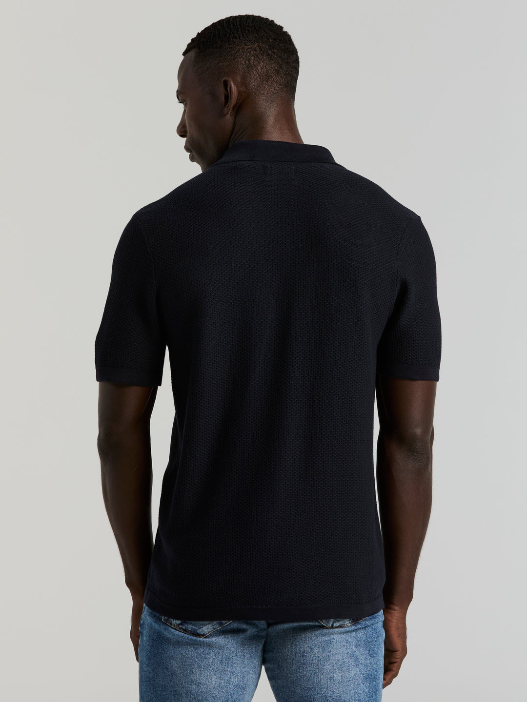 Mesh Button Front Polo Sweater (Dark Sapphire) 