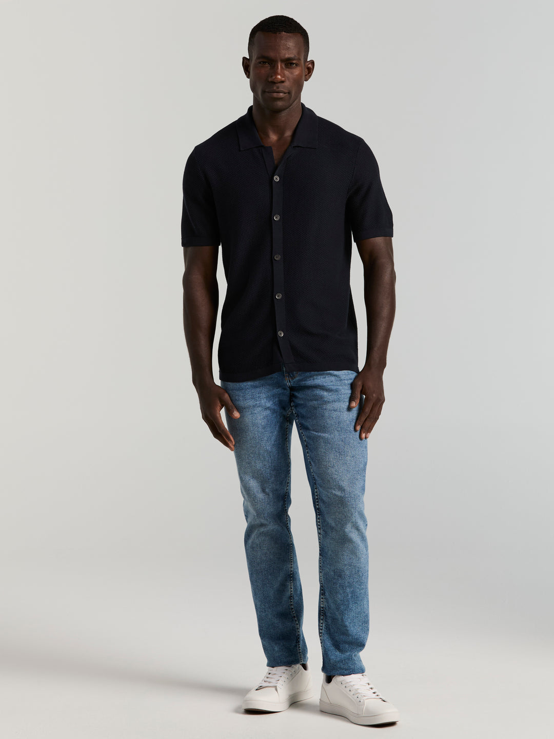 Mesh Button Front Polo Sweater (Dark Sapphire) 
