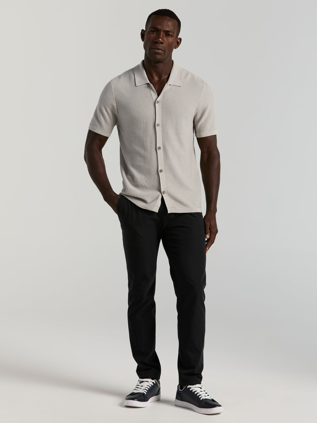 Mesh Button Front Polo Sweater (Quiet Gray) 