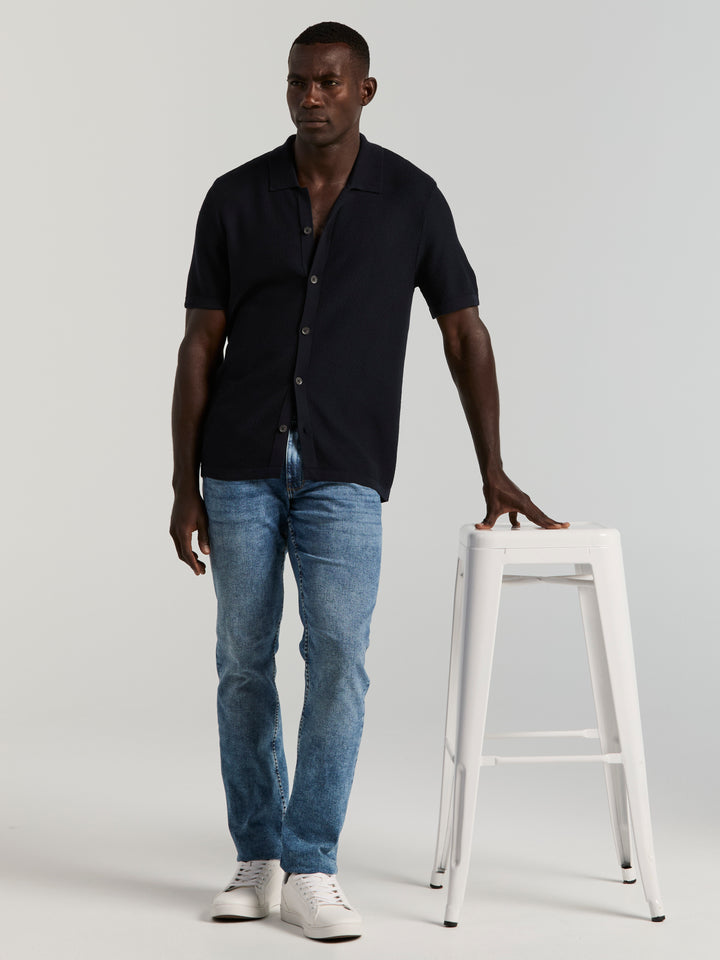 Mesh Button Front Polo Sweater (Dark Sapphire) 