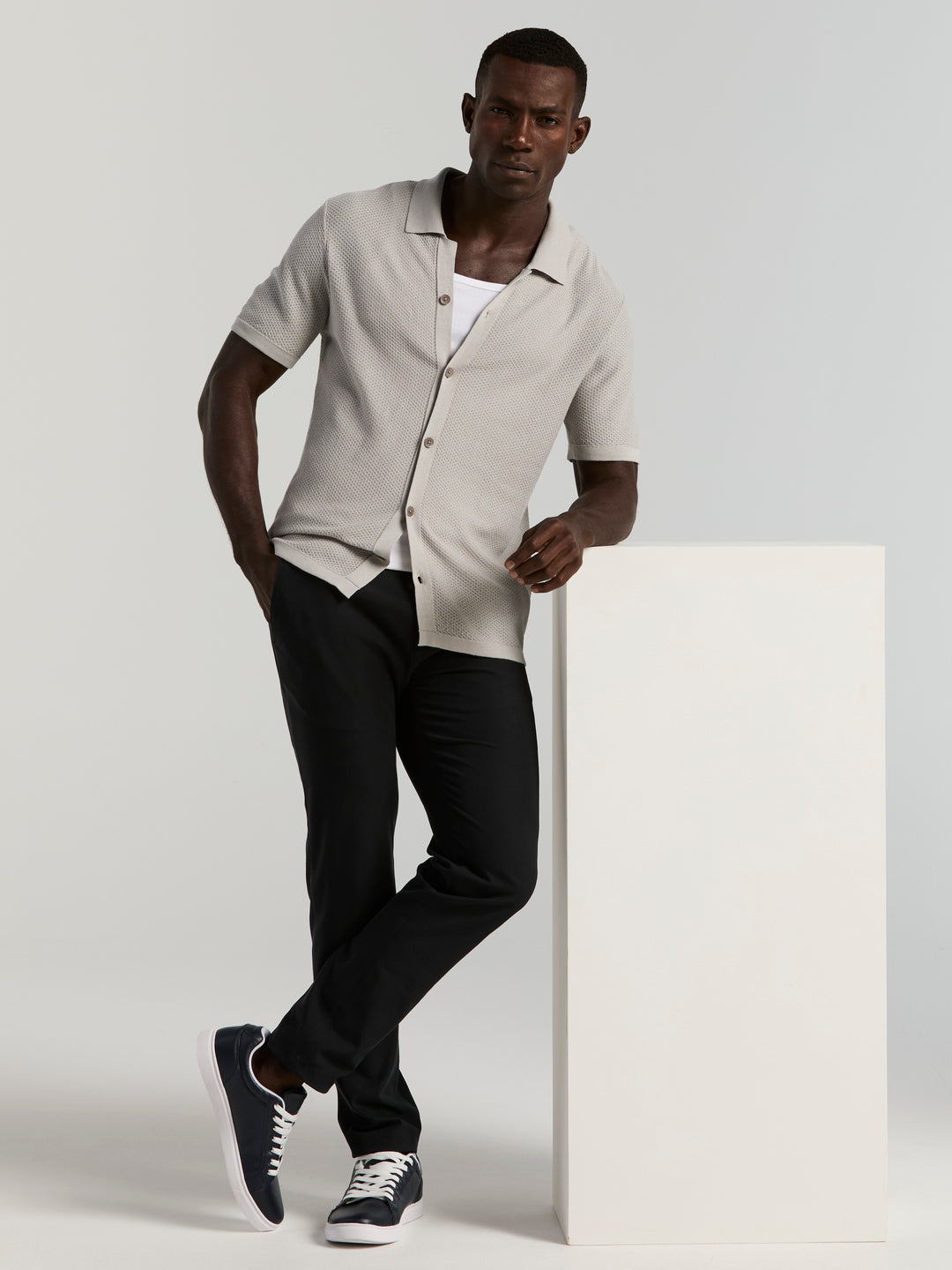 Mesh Button Front Polo Sweater (Quiet Gray) 