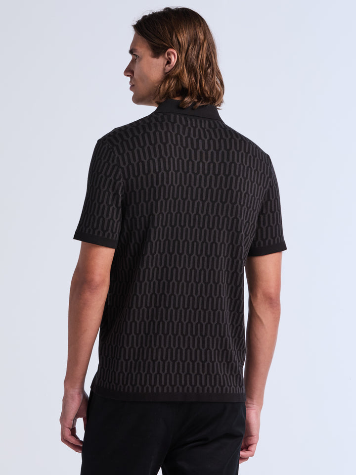 Short Sleeve Geometric Jacquard Polo Sweater (Black) 