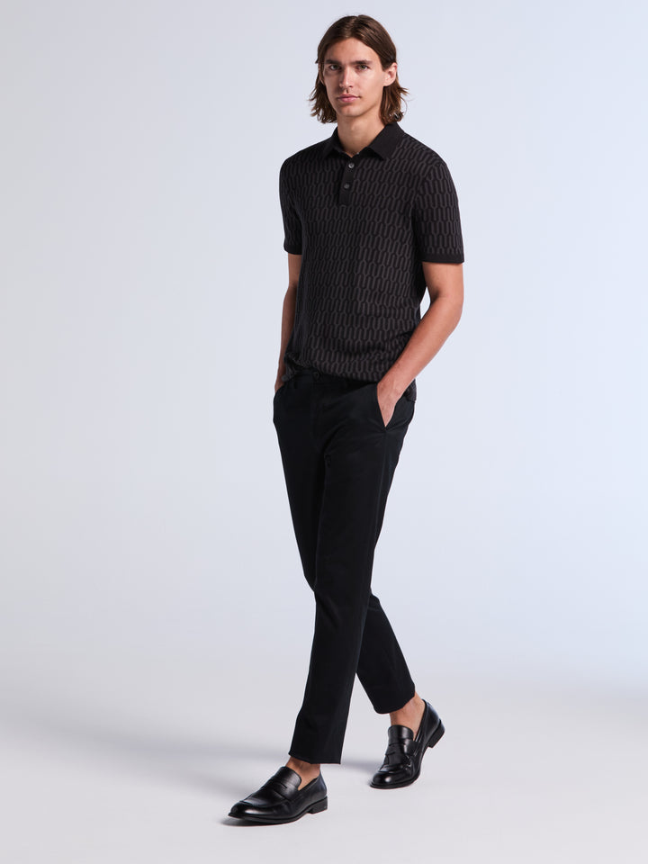 Short Sleeve Geometric Jacquard Polo Sweater (Black) 