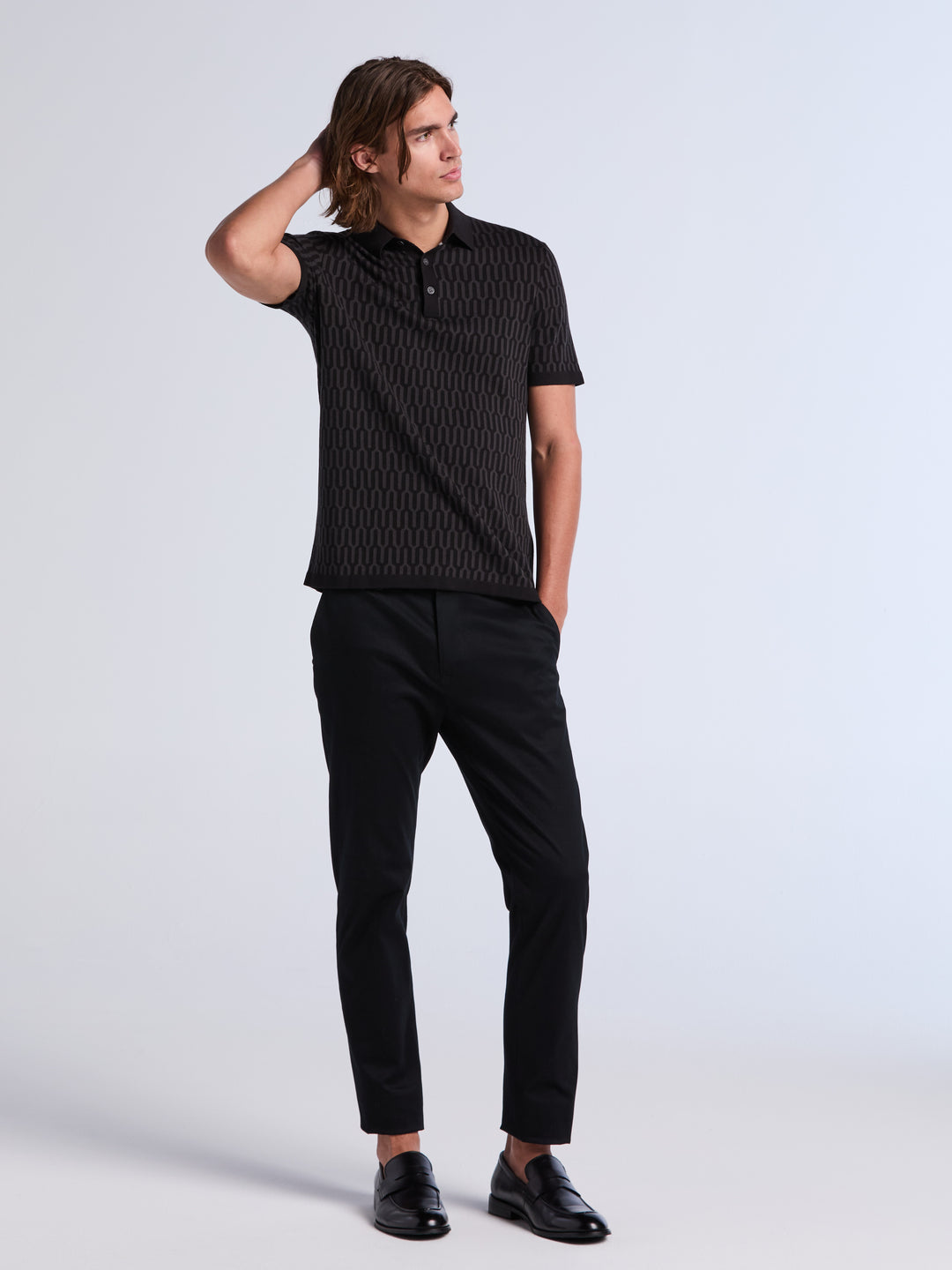 Short Sleeve Geometric Jacquard Polo Sweater (Black) 