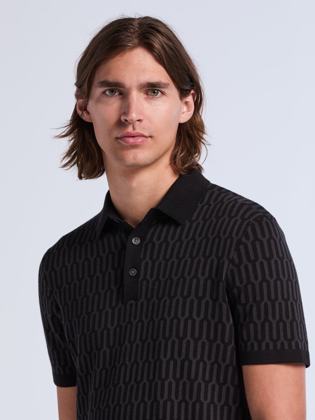 Short Sleeve Geometric Jacquard Polo Sweater (Black) 