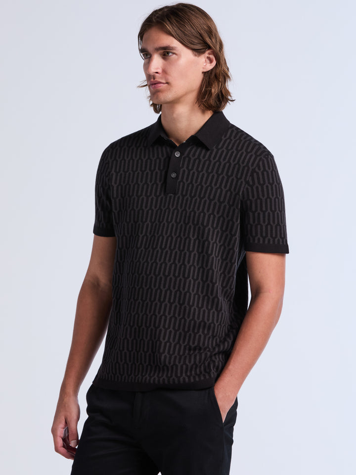 Short Sleeve Geometric Jacquard Polo Sweater (Black) 