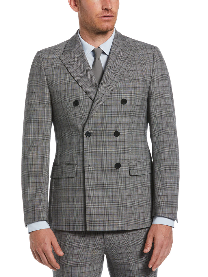 Skinny Fit Double Breasted Notch Collar Plaid Suit Jacket (Lt Grey/Black) 