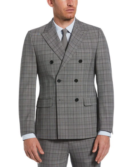 Skinny Fit Double Breasted Notch Collar Plaid Suit Jacket (Lt Grey/Black) 