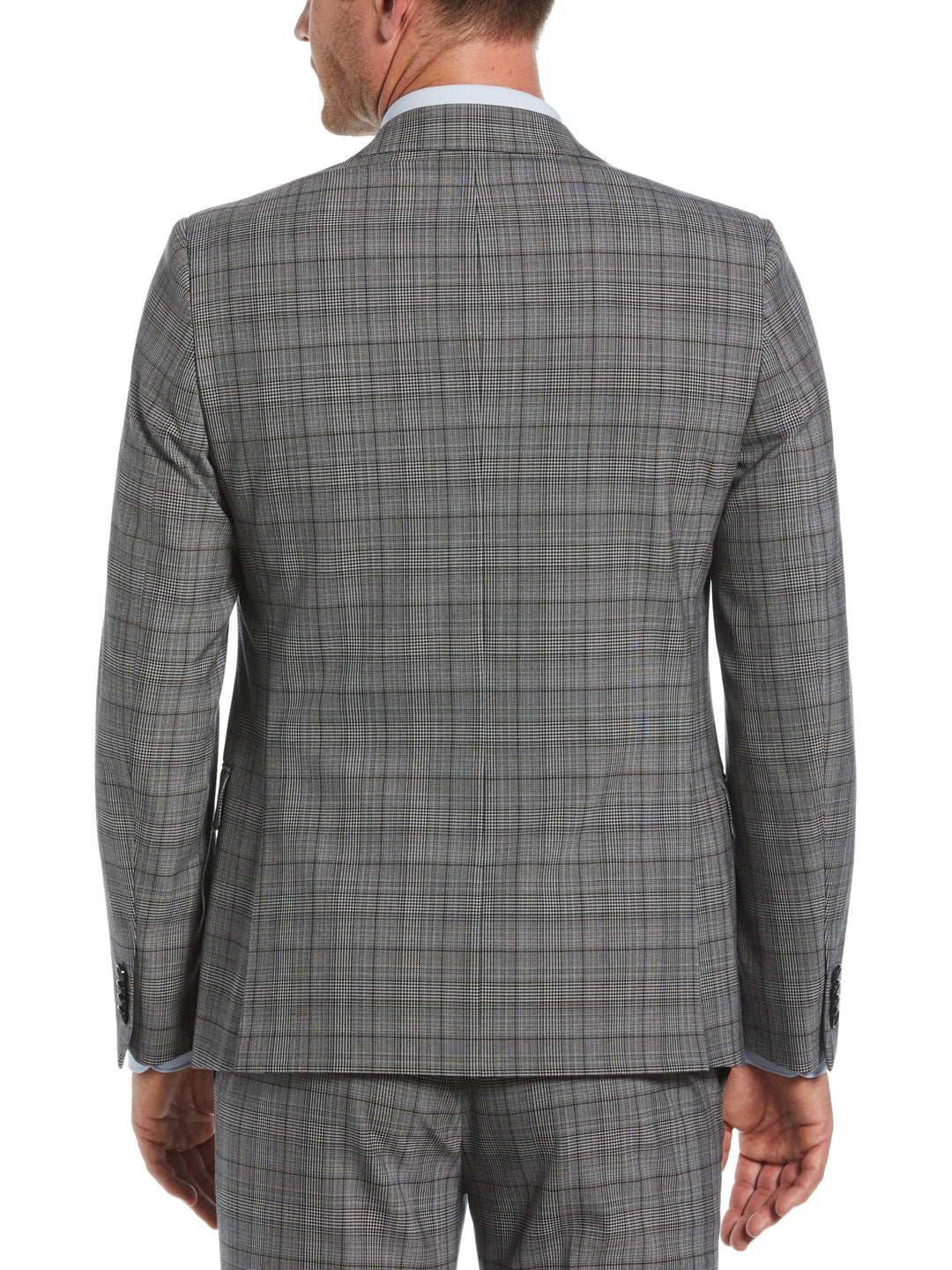 Skinny Fit Double Breasted Notch Collar Plaid Suit Jacket (Lt Grey/Black) 